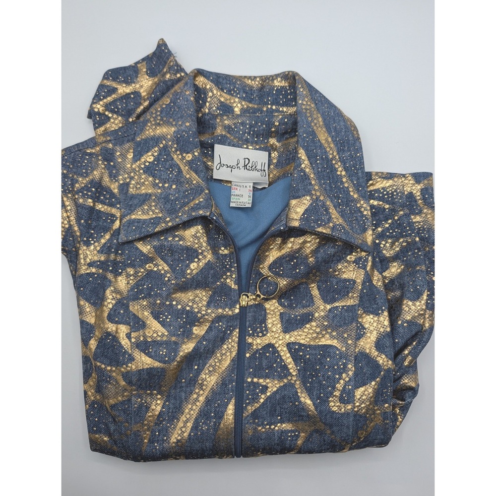 Vintage Y2K Joseph Ribkoff Blue Gold Metallic Zip Jacket Size 6